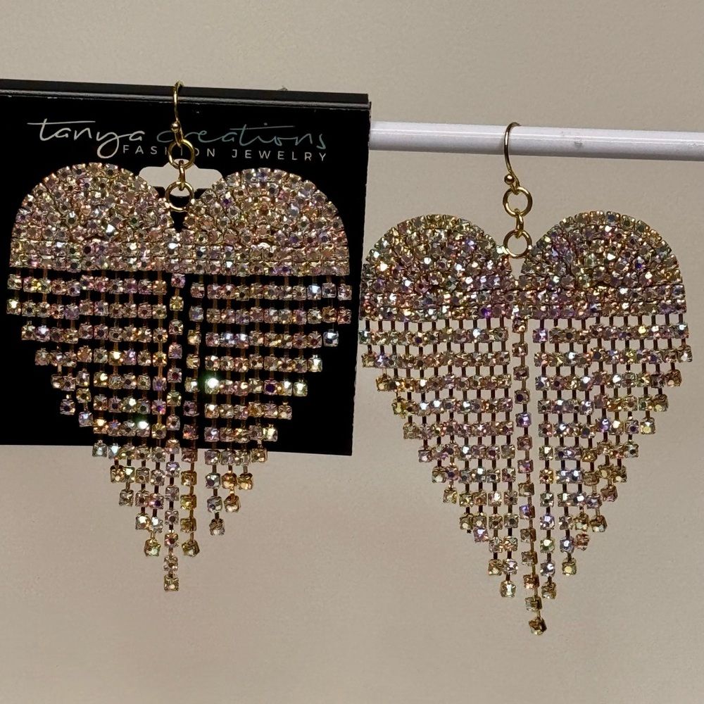 Heart Shaped Gold Earrings With Cascading Fringe 3.25 Inch